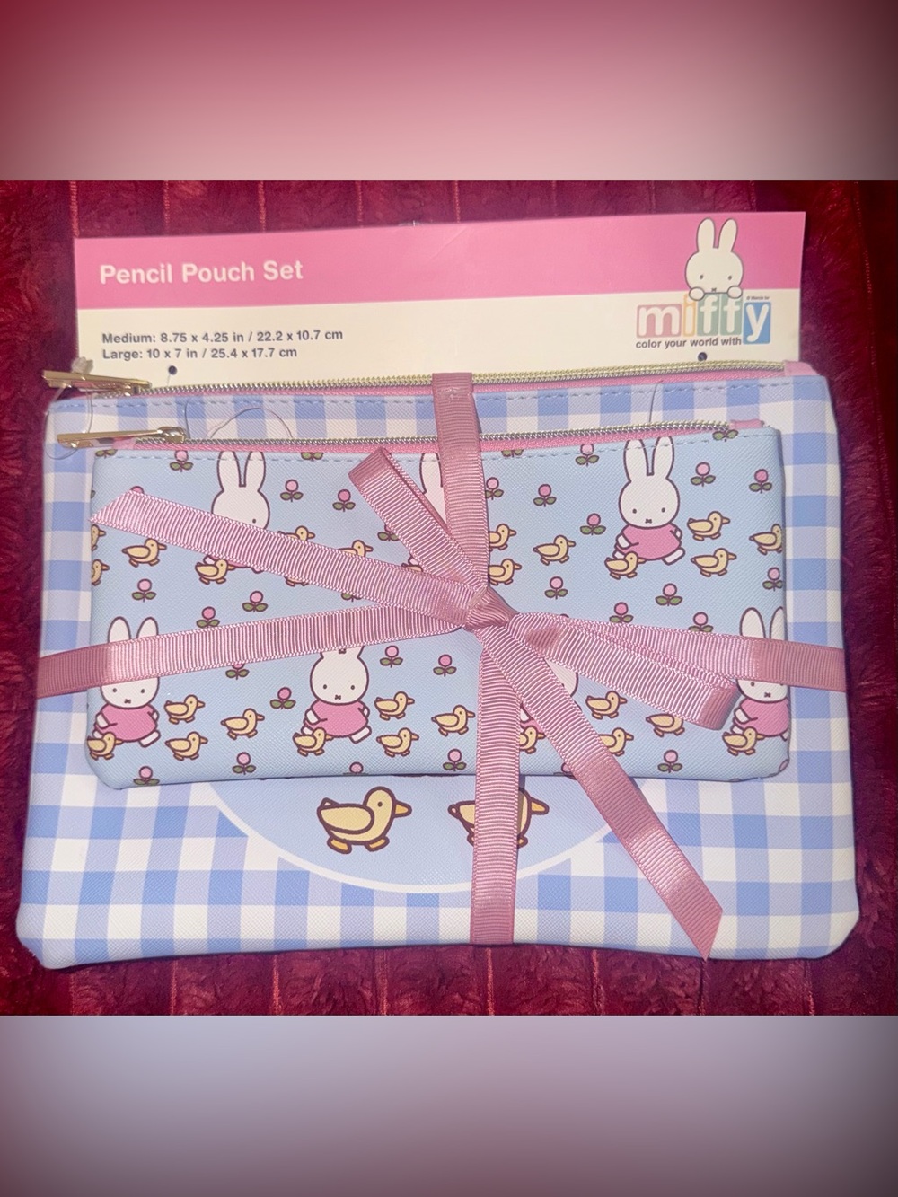 miffy Light Blue Bunny & Duck Pencil Pouch Set with Pink Ribbon
